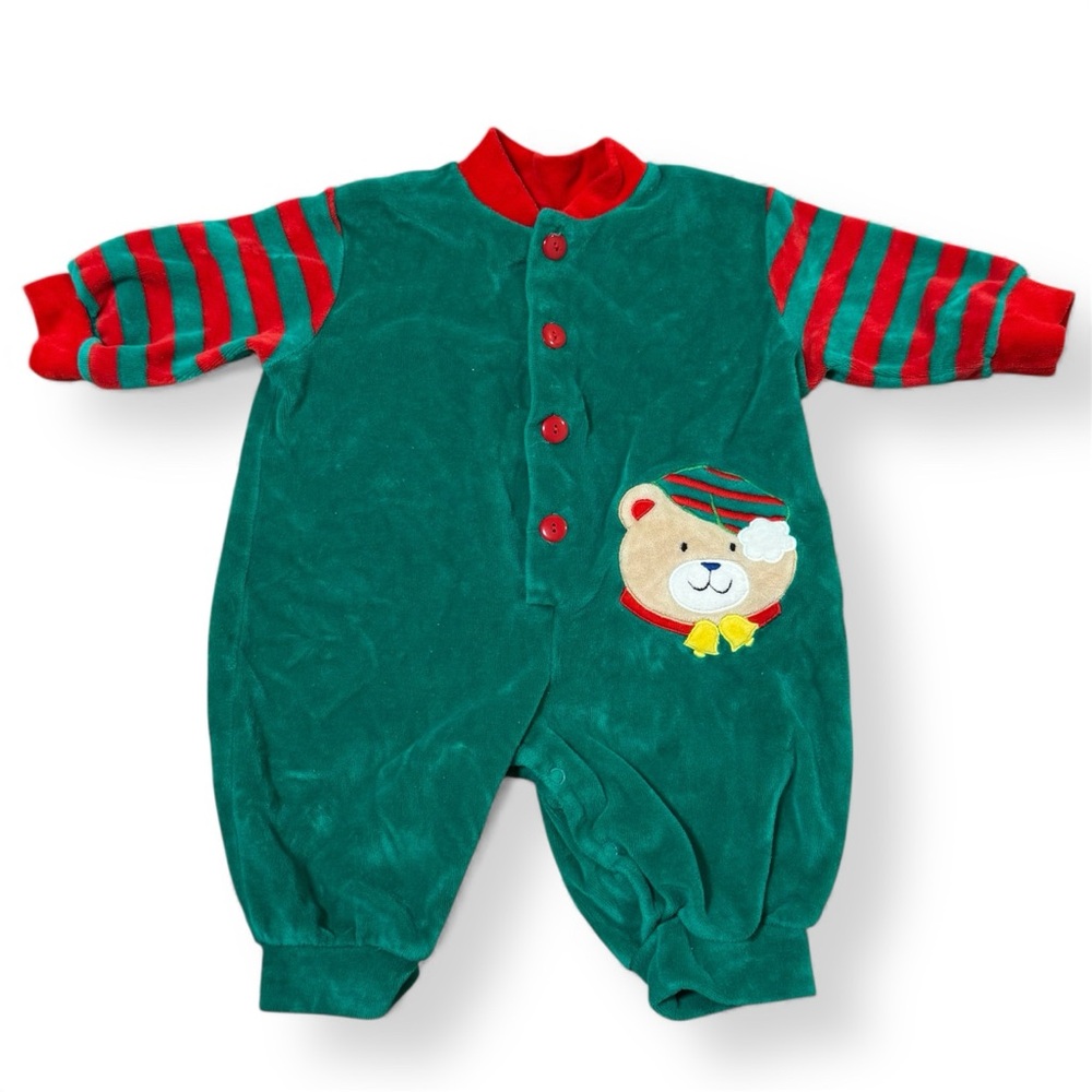 Vintage Christmas Bear Velour Romper Green Holiday Baby One-Piece 3-6m